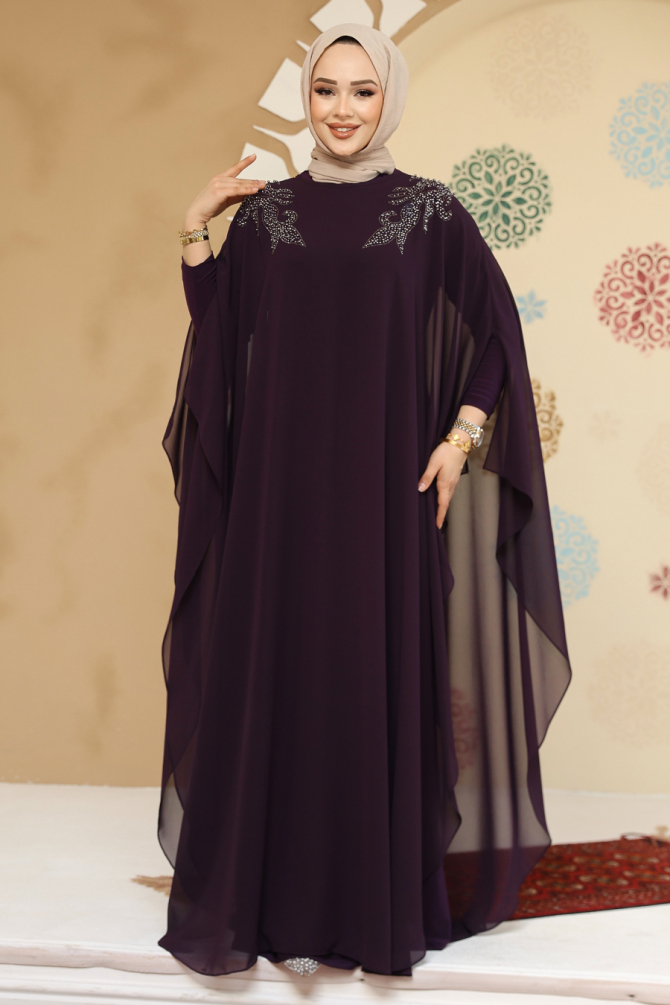 Panço Detaylı Mürdüm Tesettür Abaya Elbise 25908MU - 3