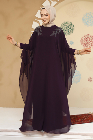Panço Detaylı Mürdüm Tesettür Abaya Elbise 25908MU - 2