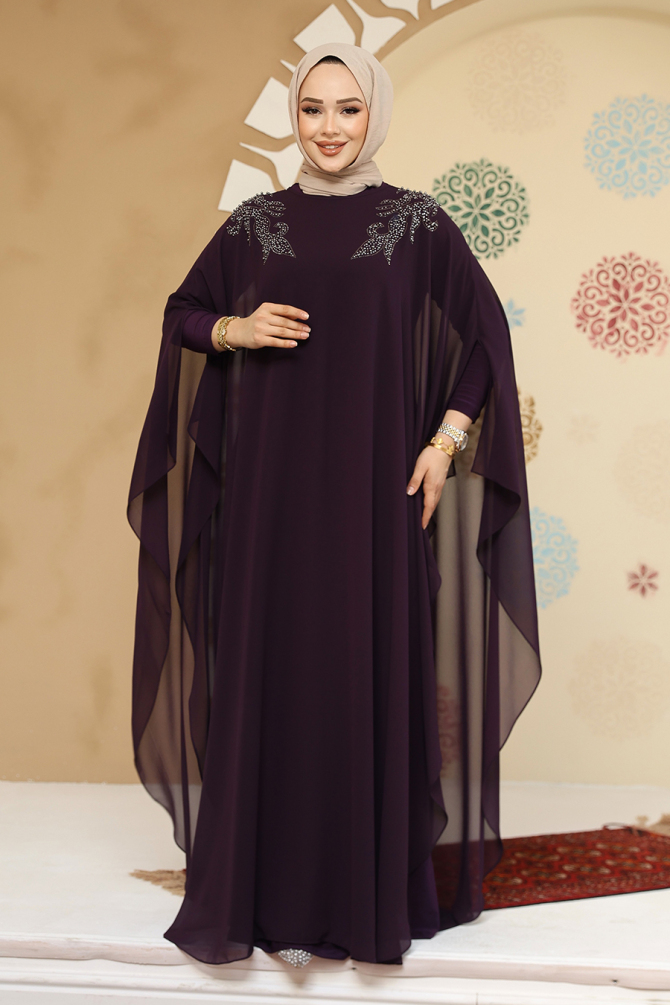 Panço Detaylı Mürdüm Tesettür Abaya Elbise 25908MU - 1