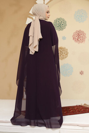 Panço Detaylı Mürdüm Tesettür Abaya Elbise 25908MU - 4