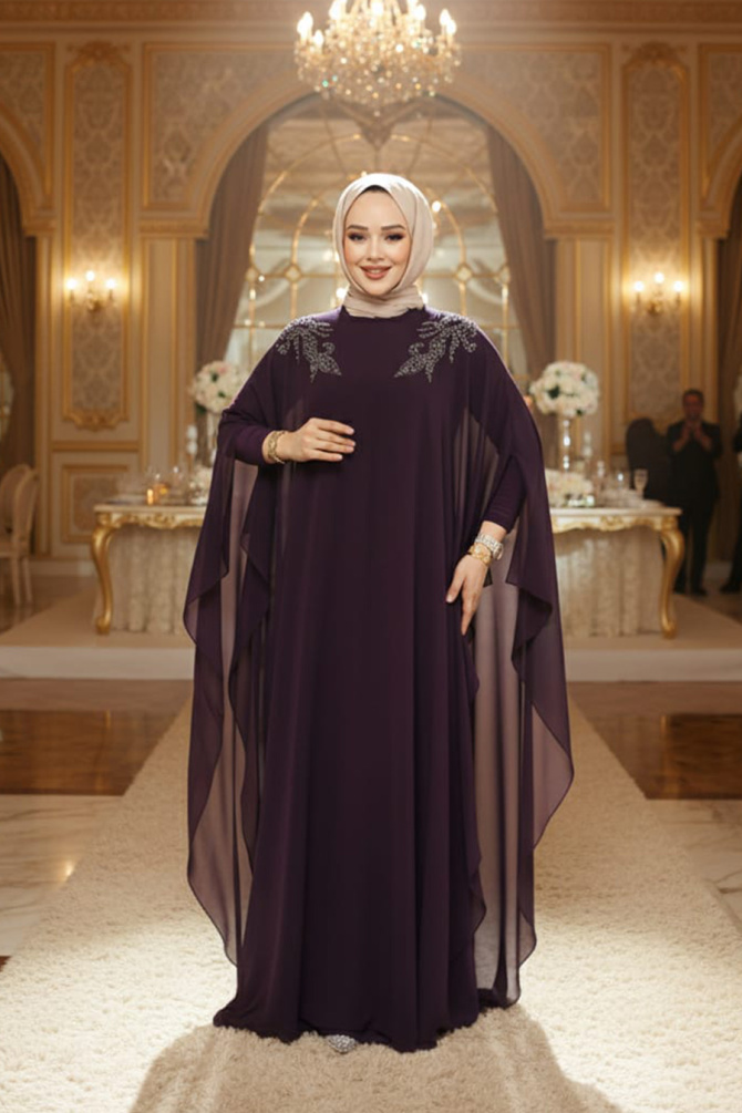 Panço Detaylı Mürdüm Tesettür Abaya Elbise 25908MU - 1