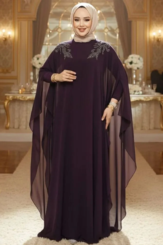 Panço Detaylı Mürdüm Tesettür Abaya Elbise 25908MU - 1