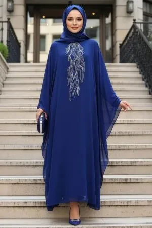 Panço Detaylı Sax Mavisi Tesettür Abaya 25914SX 