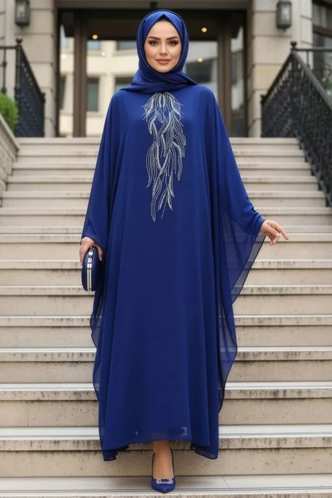 Panço Detaylı Sax Mavisi Tesettür Abaya 25914SX - 1
