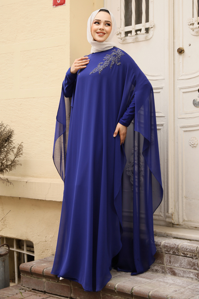 Panço Detaylı Sax Mavisi Tesettür Abaya Elbise 25908SX - 2