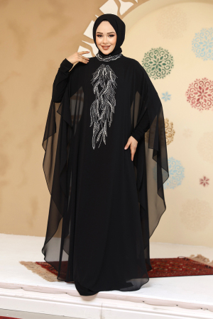 Panço Detaylı Siyah Tesettür Abaya 25914S - 1