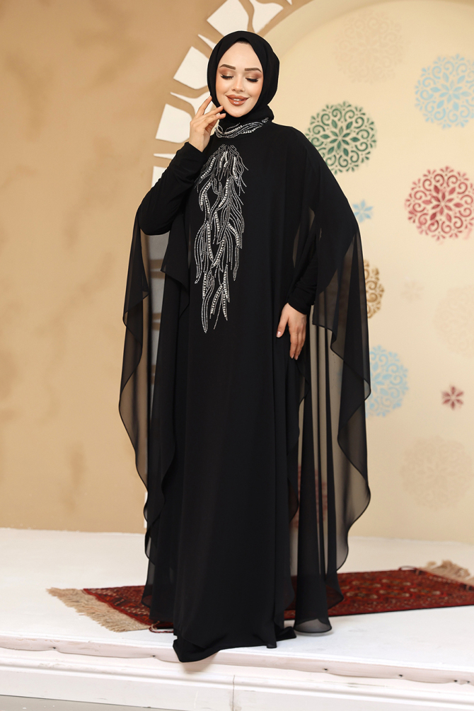 Panço Detaylı Siyah Tesettür Abaya 25914S - 2