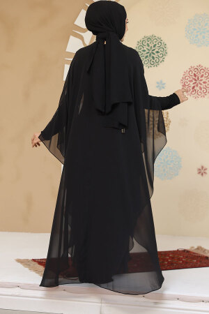 Panço Detaylı Siyah Tesettür Abaya 25914S - 4