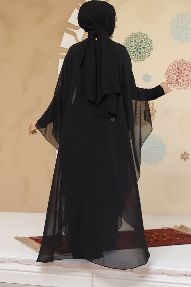 Panço Detaylı Siyah Tesettür Abaya 25914S - 4