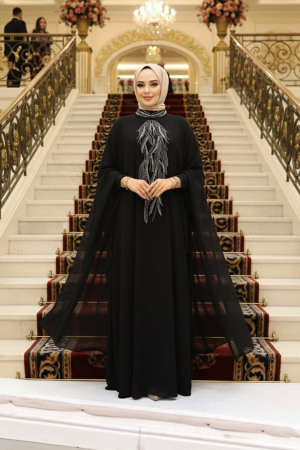 Panço Detaylı Siyah Tesettür Abaya 25914S - 1