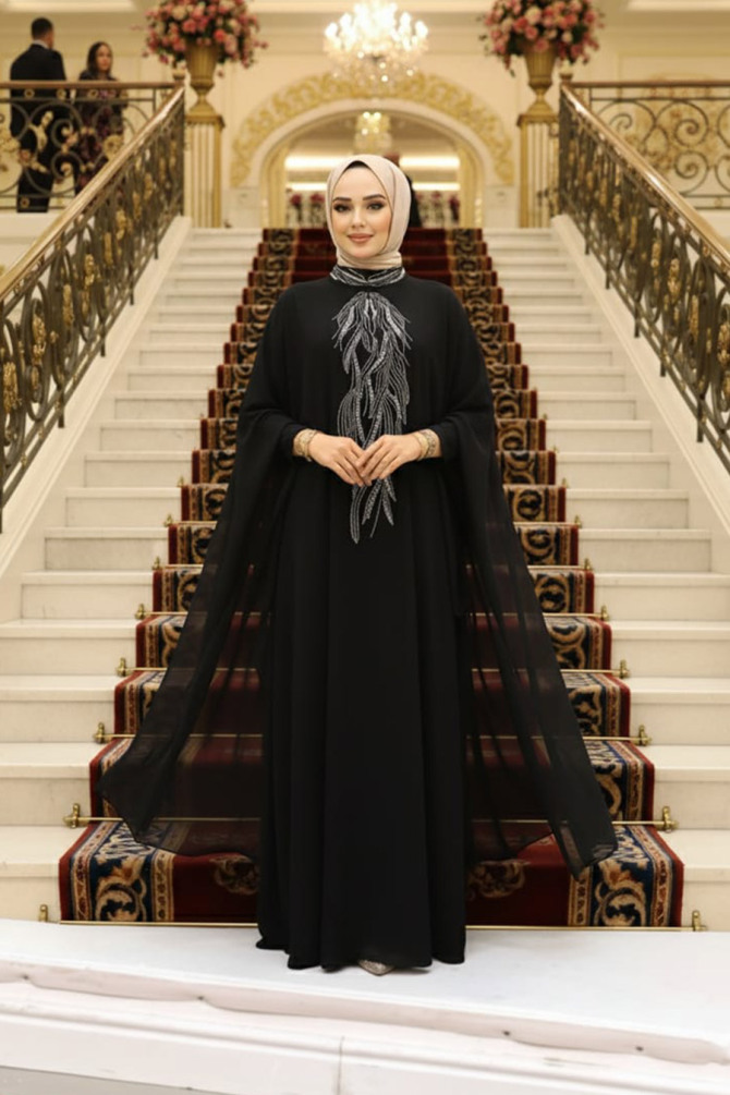 Panço Detaylı Siyah Tesettür Abaya 25914S - 1