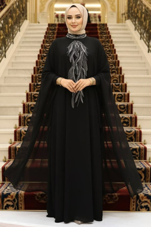 Panço Detaylı Siyah Tesettür Abaya 25914S - NEVA STYLE