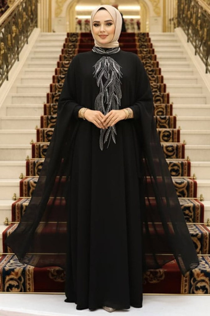Panço Detaylı Siyah Tesettür Abaya 25914S - 1