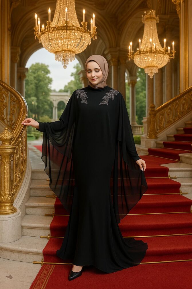 Panço Detaylı Siyah Tesettür Abaya Elbise 25908S - 1