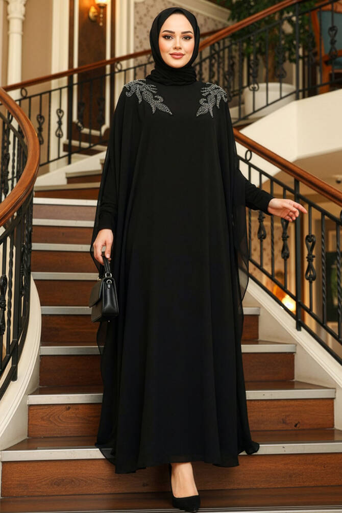 Panço Detaylı Siyah Tesettür Abaya Elbise 25908S - 1