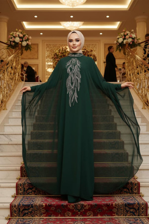 Panço Detaylı Yeşil Tesettür Abaya 25914Y - 1