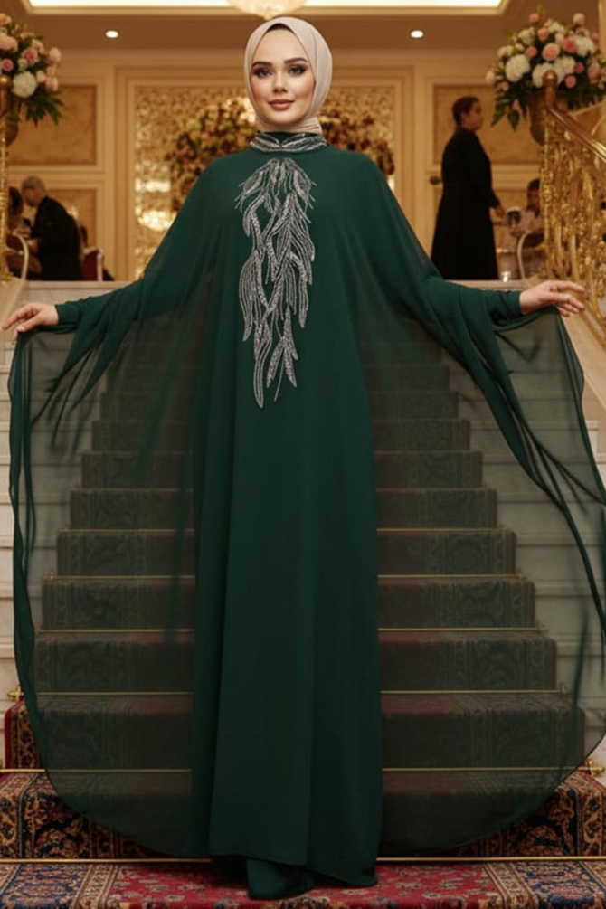 Panço Detaylı Yeşil Tesettür Abaya 25914Y - 1