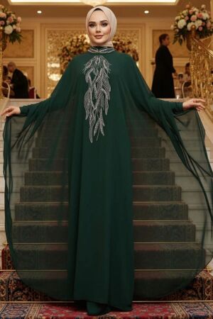 Panço Detaylı Yeşil Tesettür Abaya 25914Y 