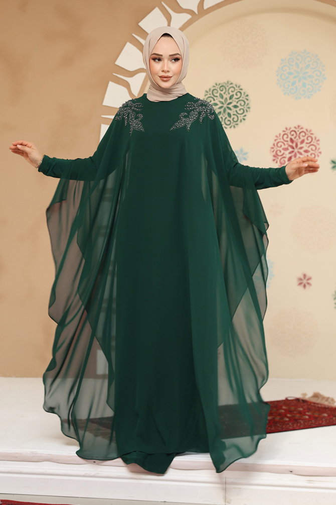 Panço Detaylı Zümrüt Yeşili Tesettür Abaya Elbise 25908ZY - 1