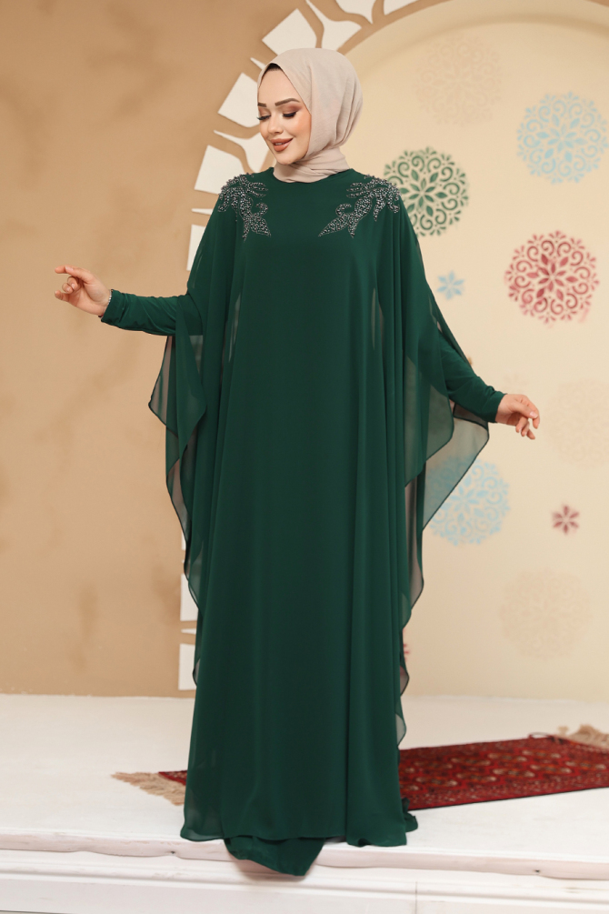 Panço Detaylı Zümrüt Yeşili Tesettür Abaya Elbise 25908ZY - 2