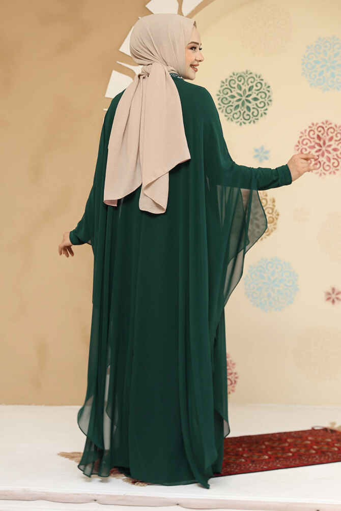 Panço Detaylı Zümrüt Yeşili Tesettür Abaya Elbise 25908ZY - 3