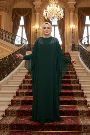 Panço Detaylı Zümrüt Yeşili Tesettür Abaya Elbise 25908ZY - 1