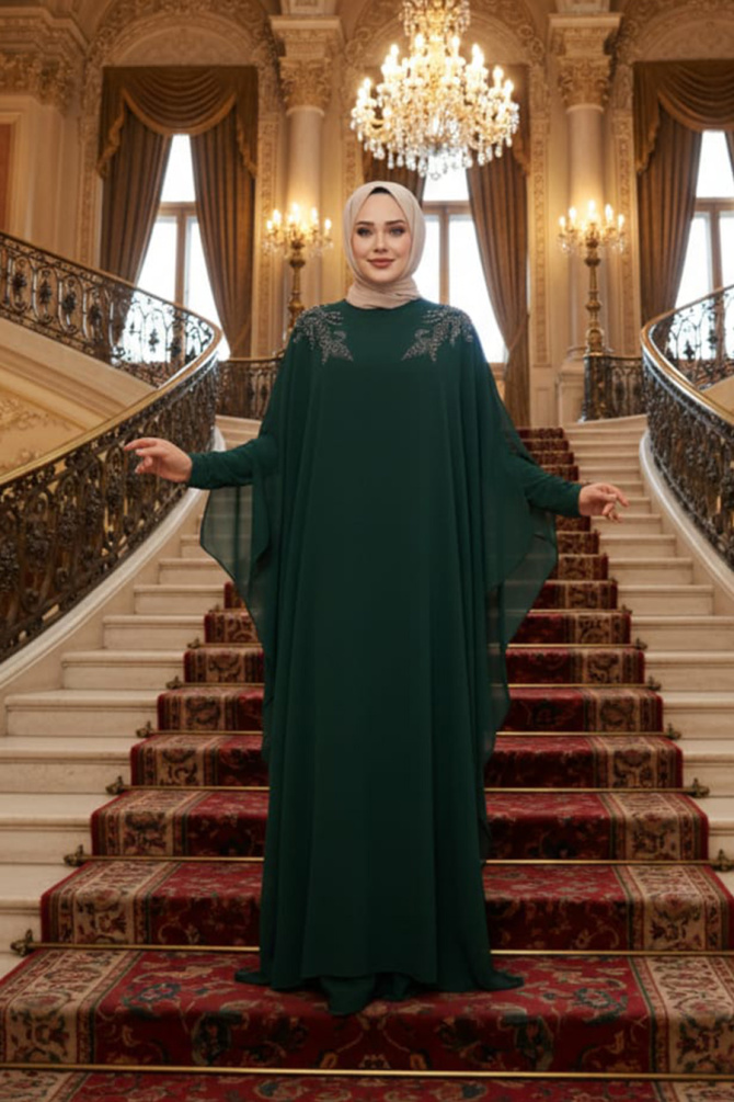 Panço Detaylı Zümrüt Yeşili Tesettür Abaya Elbise 25908ZY - 1