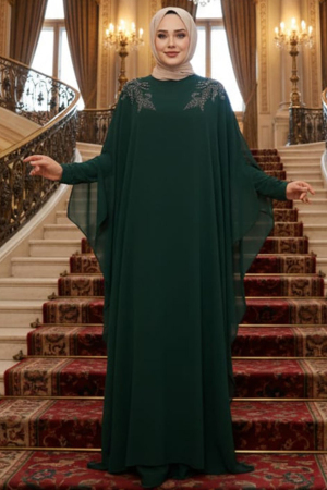Panço Detaylı Zümrüt Yeşili Tesettür Abaya Elbise 25908ZY - 1