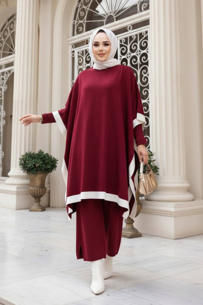 Pançolu Bordo Tesettür Triko Üçlü Takım 33850BR - N.S NEVA STYLE