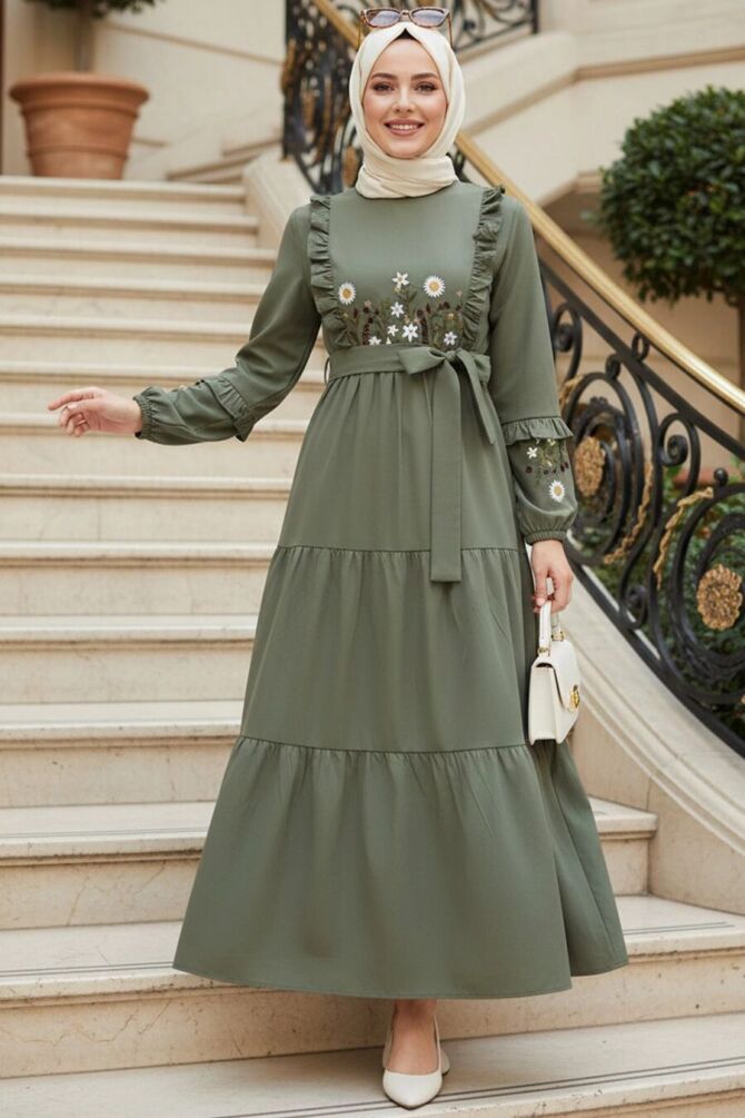 Patterned Almond Green Modest Dress 10327CY - 1