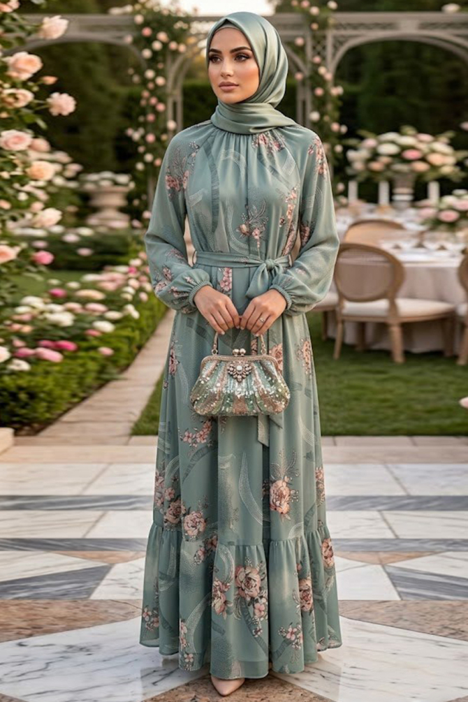 Patterned Almond Green Modest Dress 25231CY - 1