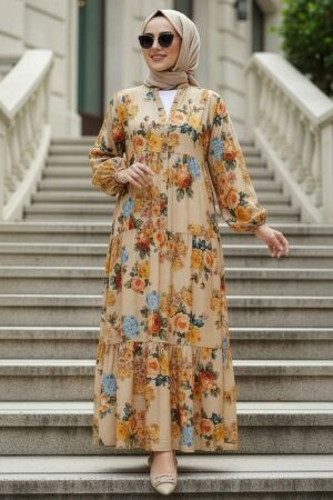 Patterned Beige Modest Dress 20623BEJ - 1