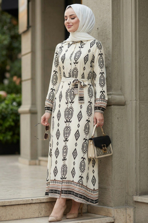 Patterned Beige Modest Dress 24085BEJ - 1