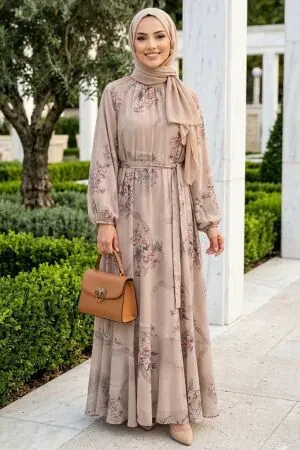 Patterned Beige Modest Dress 25231BEJ - 1