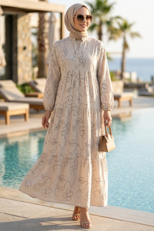 Patterned Beige Modest Dress 627508BEJ - 1