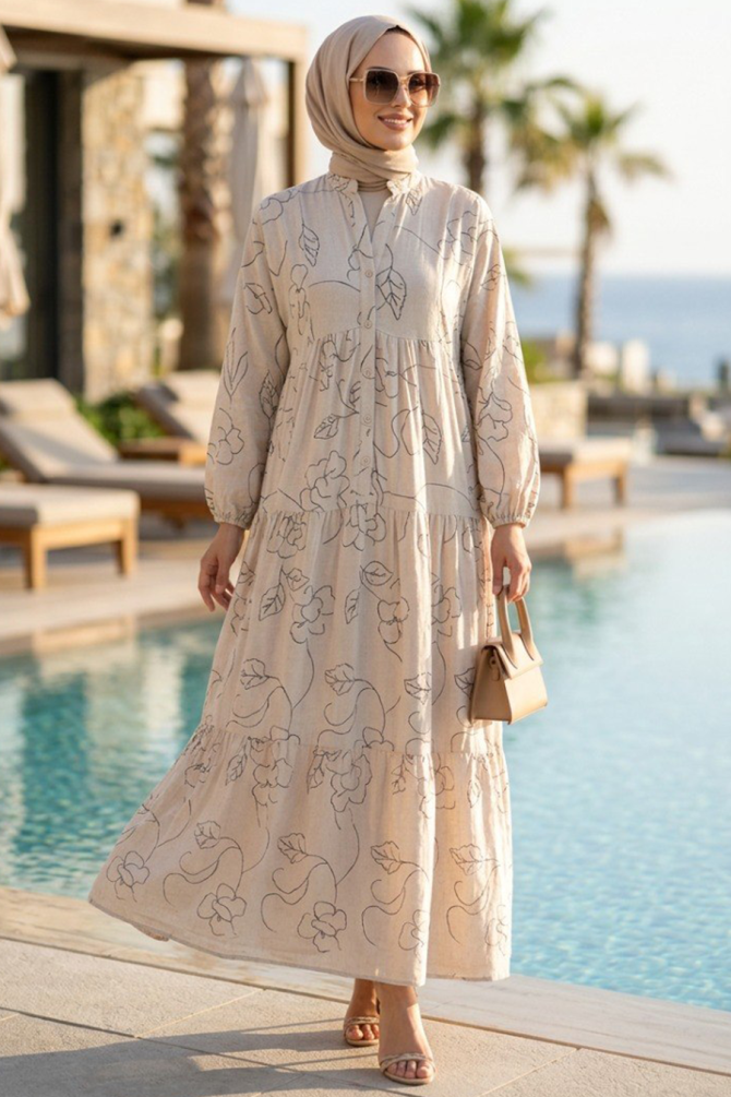 Patterned Beige Modest Dress 627508BEJ - 1