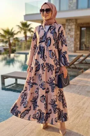 Patterned Beige Modest Dress 657801BEJ - 1