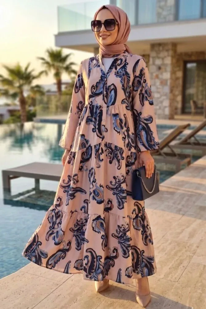 Patterned Beige Modest Dress 657801BEJ - 1