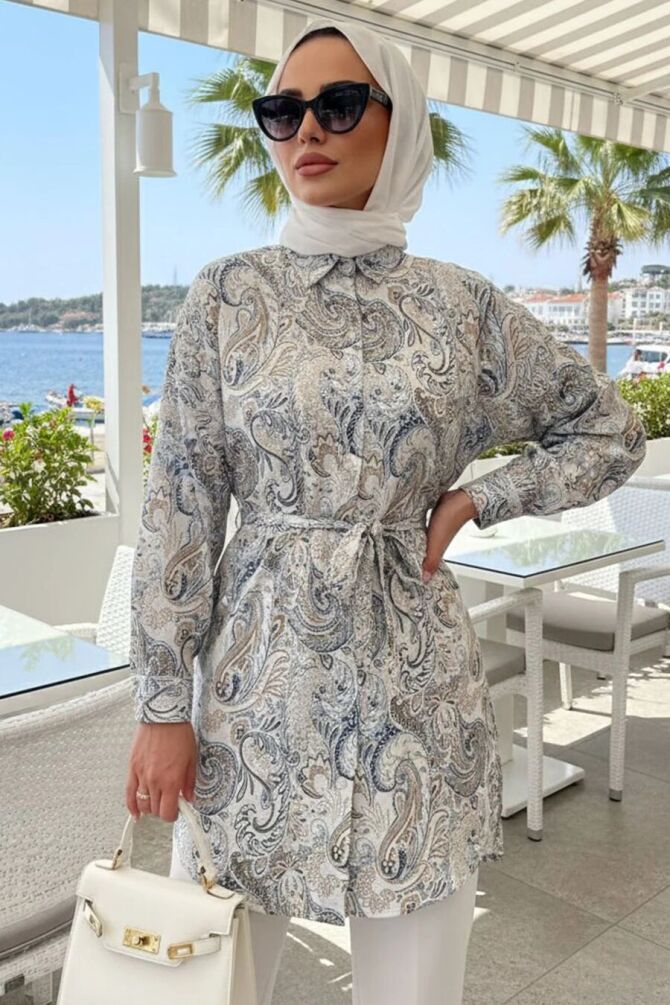 Patterned Beige Modest Tunic 26609BEJ - 1