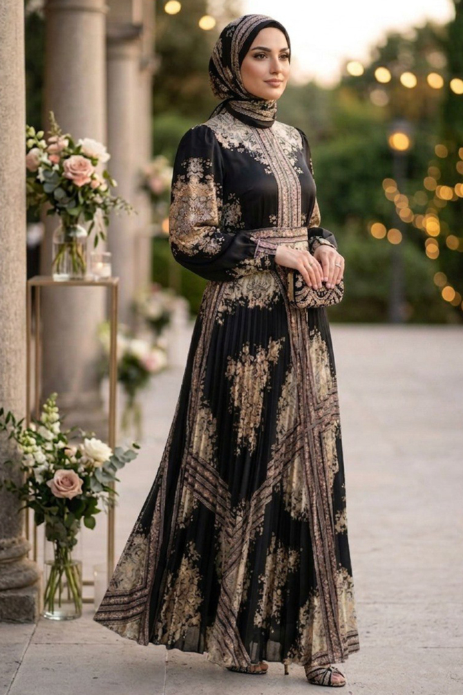 Patterned Belted Kobe Satin Black Modest Dress 15756S - 1