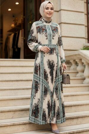 Patterned Belted Kobe Satin Ecru Modest Dress 15756E 