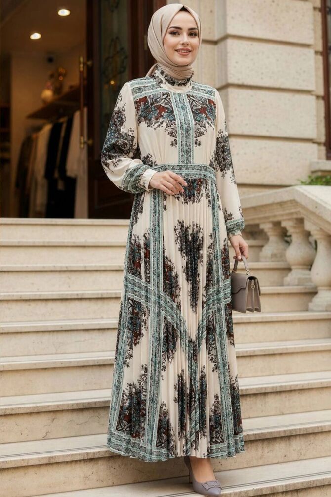 Patterned Belted Kobe Satin Ecru Modest Dress 15756E - 1