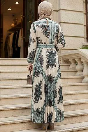 Patterned Belted Kobe Satin Ecru Modest Dress 15756E - 2