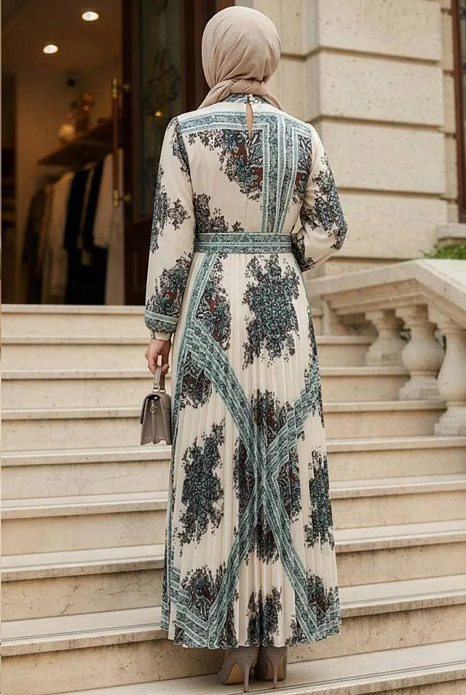 Patterned Belted Kobe Satin Ecru Modest Dress 15756E - 2