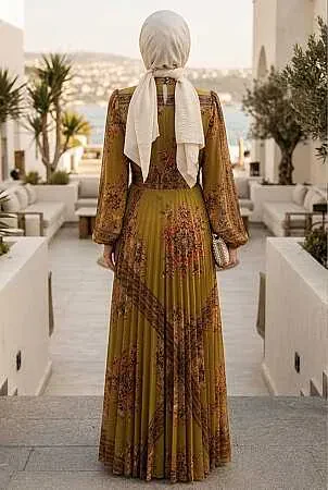 Patterned Belted Kobe Satin Olive Green Modest Dress 15756YY - 2