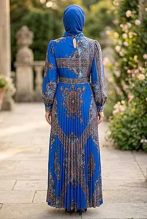 Patterned Belted Kobe Satin Saxe Blue Modest Dress 15756SX - 2