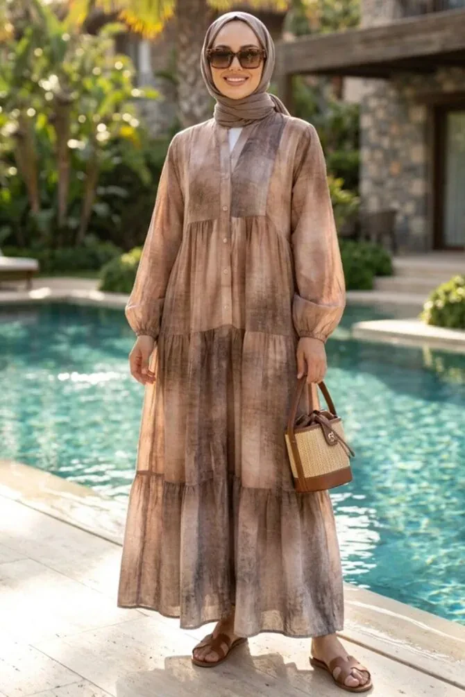 Patterned Biscuit Modest Dress 627505BS - 1