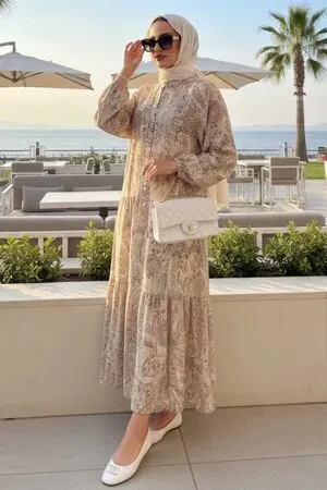 Patterned Biscuit Modest Dress 63404BS - 1