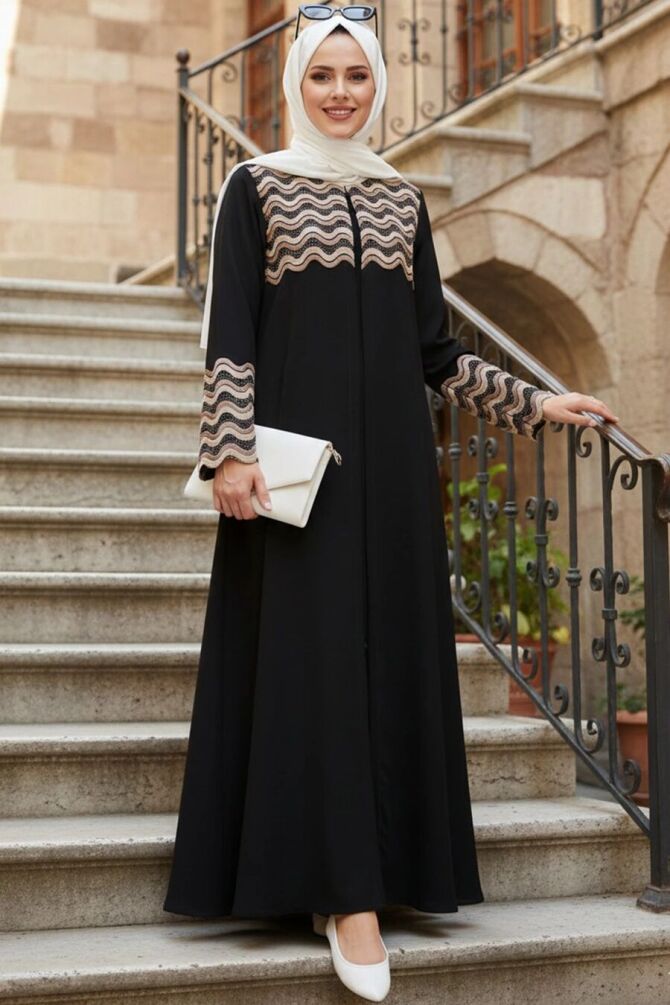 Patterned Black Modest Abaya 29136S - 1