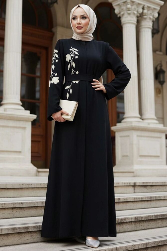 Patterned Black Modest Abaya 60052S - 1